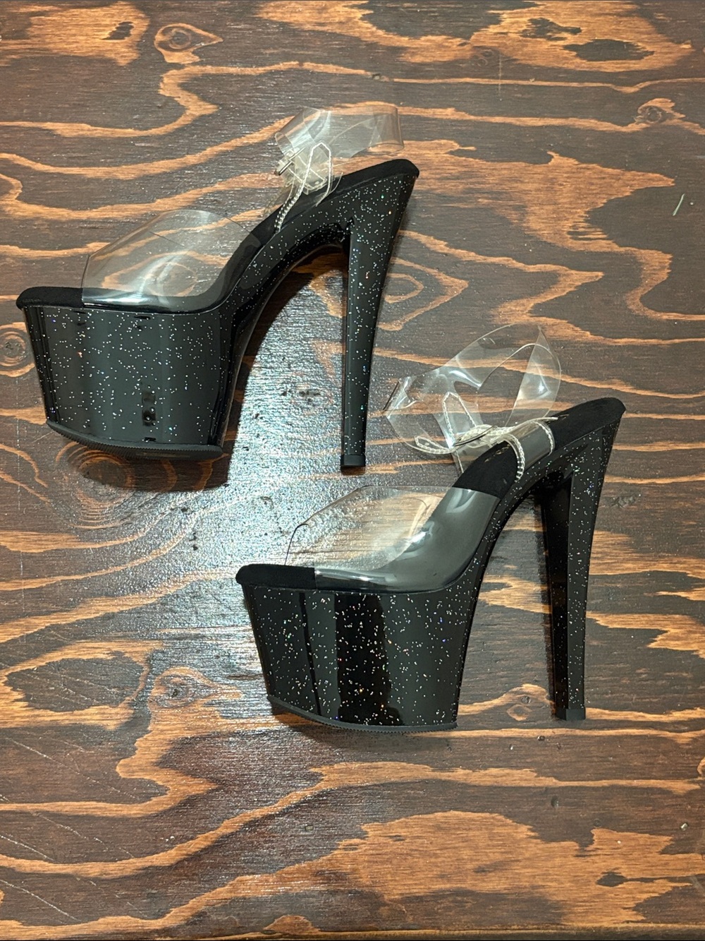 Pleasers 6.5” Clear Strap Black Glitter Platform Heels - Women